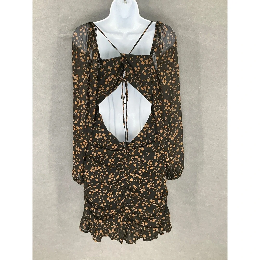 All in Favor Dress Black Tan‎ Patterned Babydoll Cinched Open Back Sz M Party